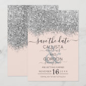 Luxe Zilveren Roze Glitter Confetti Bruiloft Save The Date (Voorkant / Achterkant)