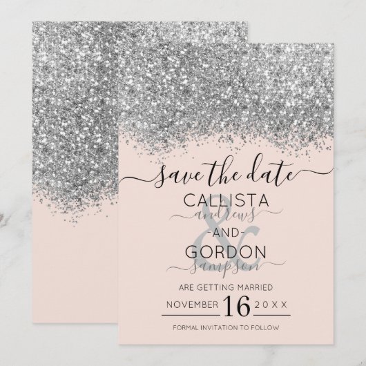 Luxe Zilveren Roze Glitter Confetti Bruiloft Save The Date (Voorkant / Achterkant)