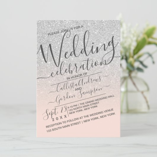 Luxe Zilveren Roze Sparkly Glitter Ombre Huwelijk Kaart (Staand voorkant)