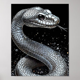 Luxe Zilveren Slangenposter – Esthetisch Dier Poster