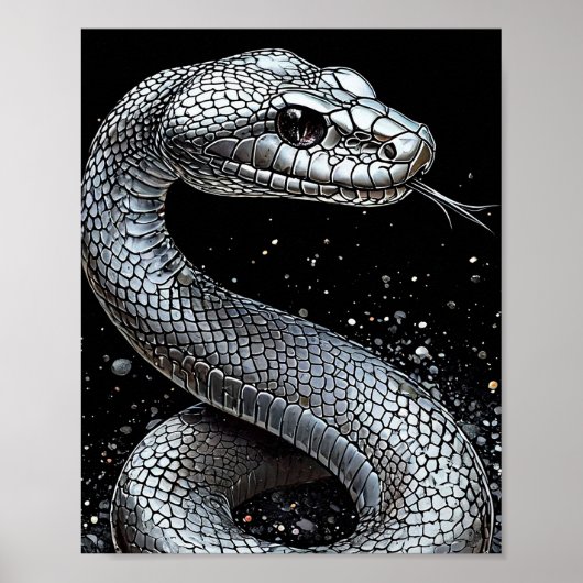 Luxe Zilveren Slangenposter – Esthetisch Dier Poster (Voorkant)