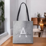 Luxe zilveren Sparkle Elegant Monogram Boekentas Tote Bag<br><div class="desc">Luxe Zilveren Faux Sparkle en Glitter Elegant Monogram Boekentas. Deze Boekentas kan worden aangepast om uw initiaal en voornaam op te nemen.</div>