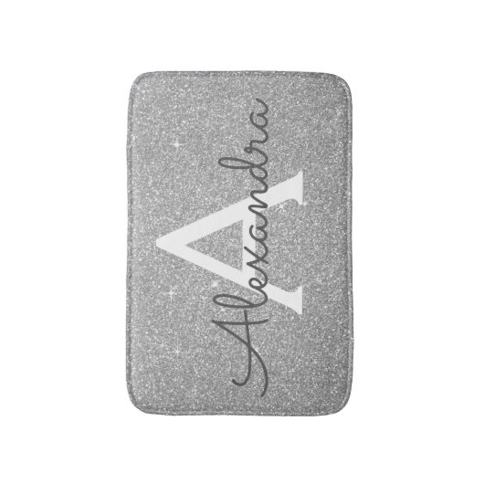 Luxe Zilveren Sparkle Glitter Monogram Naam Badmat (Voorkant Verticaal)