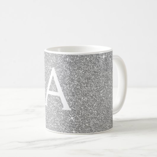 Luxe Zilveren Sparkle Glitter Monogram Naam Koffiemok (Voorkant rechts)