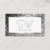 Luxe zilveren sprankelende glitter op wit monogram visitekaartje (Voorkant)