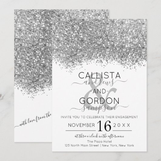 Luxe Zilveren Wit Glitter Confetti Verloving Kaart (Voorkant / Achterkant)