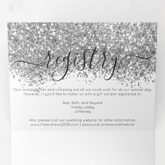 Luxe Zilveren Witte Glitter Registry Detail RSVP Drieluik Uitnodiging (Binnenzijde eerst)