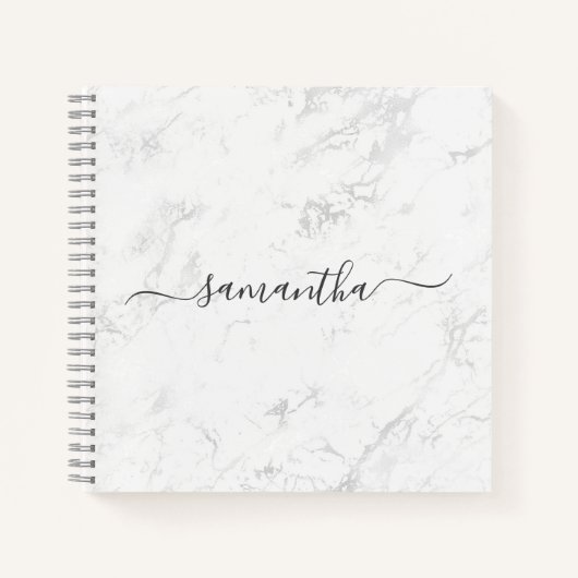 Luxe zilveren witte marmeren handtekening naam notitieboek (Voorkant)