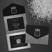 Luxe Zilveren Zwart Glitter Monogram Huwelijk All In One Uitnodiging