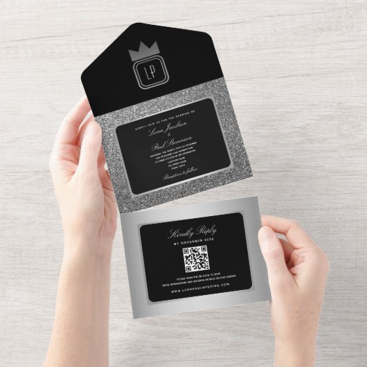 Luxe Zilveren Zwart Glitter Monogram Huwelijk All In One Uitnodiging (Afscheurbaar)
