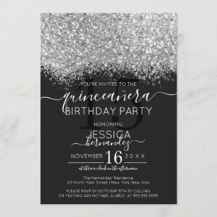 Luxe zilveren zwarte glitter Confetti Quinceañera Kaart