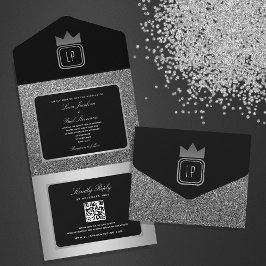 Luxe Zilveren Zwarte Glitter Monogram Trouw All In One Uitnodiging
