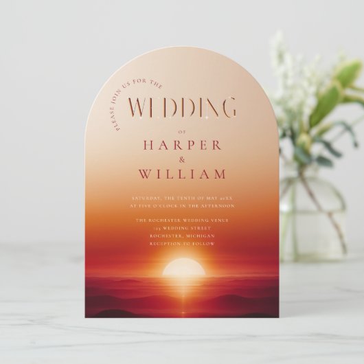 Luxe zonsondergang bruiloft kaart (Staand voorkant)