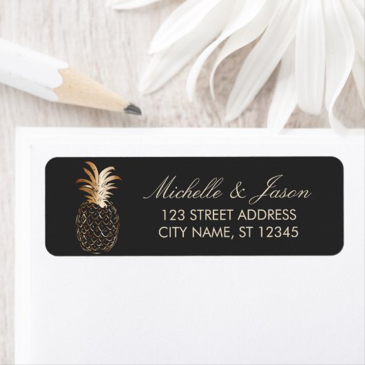 luxe Zwarde Gouden Ananas Bruiloft Retouradres Etiket (Insitu)