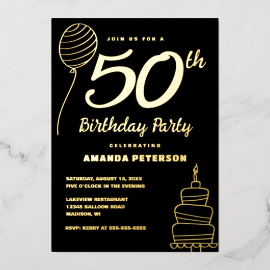 Luxe Zwart 50e Verjaardagsfeest Echt Goud Folie Uitnodiging (Voorkant)