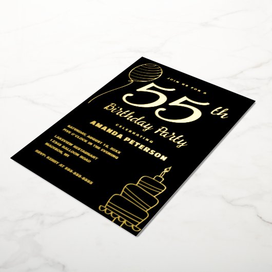 Luxe Zwart 55e Verjaardagsfeest Echt Goud Folie Uitnodiging (Gedraaid)
