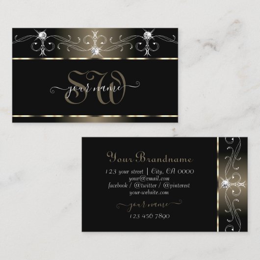 Luxe Zwart Beige Kronkels Glans Edelstenen Initial Visitekaartje (Voorkant / Achterkant)