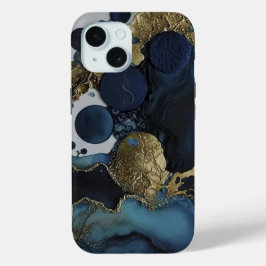 Luxe Zwart & Blauw Goud Waterverf iPhone 15 Case