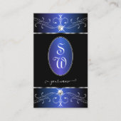 Luxe Zwart Blauw  Ornamenten Monogram Visitekaartje (Voorkant)