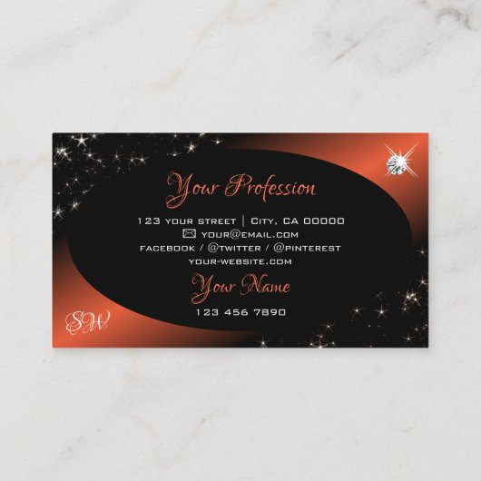 Luxe Zwart Blush Glitter Sterren Juwelen Monogram Visitekaartje (Achterkant)