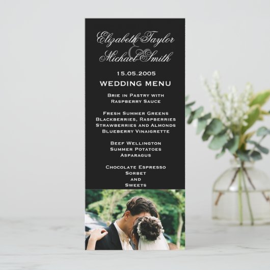 Luxe zwart bruiloft foto kus bruiloft menu (Staand voorkant)