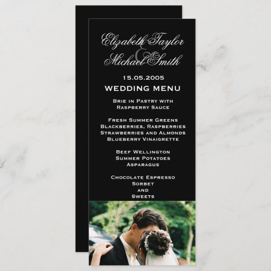 Luxe zwart bruiloft foto kus bruiloft menu (Voorkant / Achterkant)