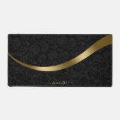 Luxe zwart damast gouden streep monogram bureaumat (Voorkant)