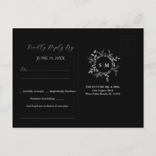 Luxe Zwart Elegant Trouwen RSVP Briefkaart (Achterkant)
