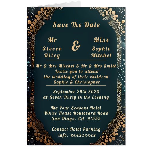 Luxe Zwart en Goud Bloemen Huwelijksuitnodiging (Voorkant)