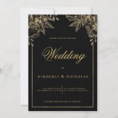 Luxe zwart en goud bloemenbruiloft kaart (Voorkant)