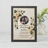 Luxe zwart en goud bruiloft uitnodiging (Staand voorkant)