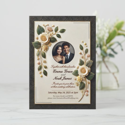 Luxe zwart en goud bruiloft uitnodiging (Staand voorkant)