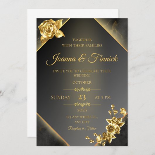 Luxe zwart en goud bruiloft uitnodiging | elegant (Voorkant / Achterkant)