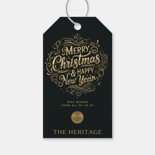 Luxe Zwart en Goud Custom Logo Vrolijk Kerstfeest Cadeaulabel (Voorkant)