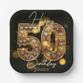 Luxe Zwart en Goud Edelsteen 50e Verjaardag Papieren Bordje (Voorkant)