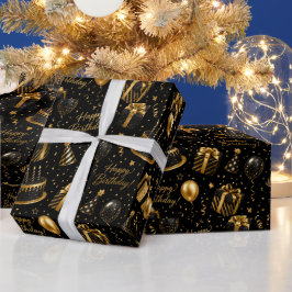 Luxe Zwart en Goud Gelukkig Verjaardag Cadeaupapier