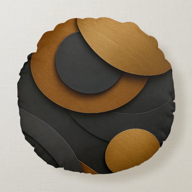 Luxe zwart en goud geometrisch abstract ontwerp rond kussen (Voorkant)