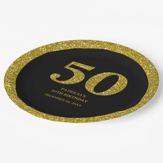 Luxe Zwart en Goud Glitter 50ste Verjaardagsfeest Papieren Bordje (Gekanteld)