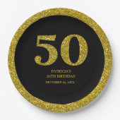 Luxe Zwart en Goud Glitter 50ste Verjaardagsfeest Papieren Bordje (Voorkant)