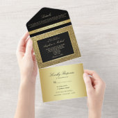 Luxe zwart en goud glitter bruiloft all in one uitnodiging (Afscheurbaar)