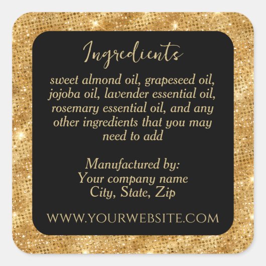 Luxe Zwart en Goud Glitter Ingrediënten Label (Voorkant)