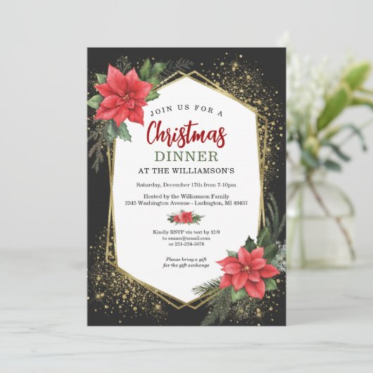 Luxe Zwart en Goud Kerstdiner Uitnodiging (Staand voorkant)