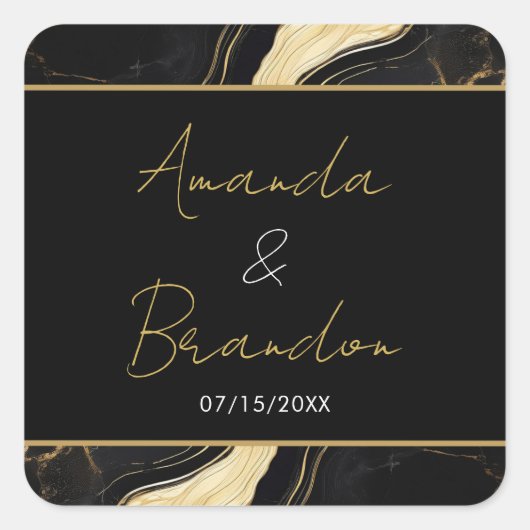 Luxe zwart en goud marmeren bruiloft vierkante sticker (Voorkant)