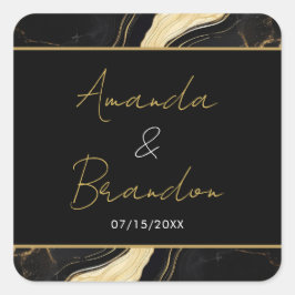 Luxe zwart en goud marmeren bruiloft vierkante sticker