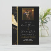 Luxe zwart en goud marmeren foto bruiloft kaart (Staand voorkant)