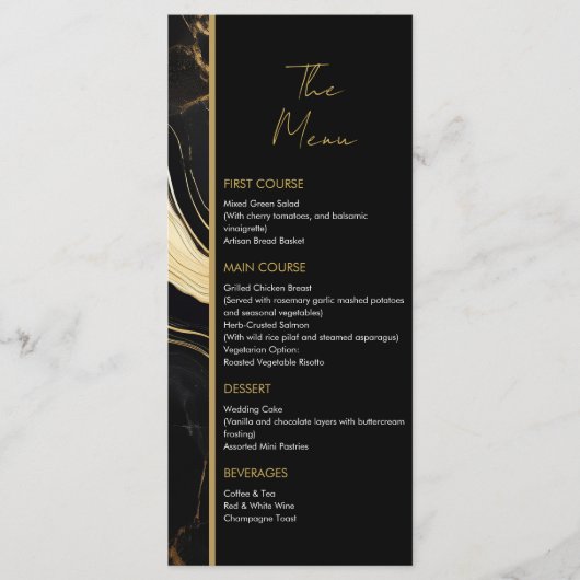 Luxe zwart en goud marmeren foto bruiloft menu (Voorkant)