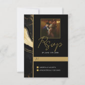 Luxe zwart en goud marmeren foto bruiloft RSVP kaartje (Voorkant)