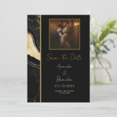 Luxe zwart en goud marmeren foto bruiloft save the date (Staand voorkant)