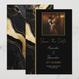 Luxe zwart en goud marmeren foto bruiloft save the date