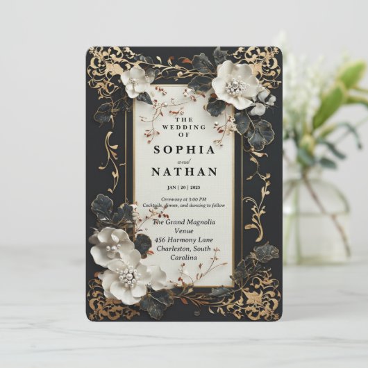 Luxe Zwart en Goud met Elegant Bloemontwerp Kaart (Staand voorkant)